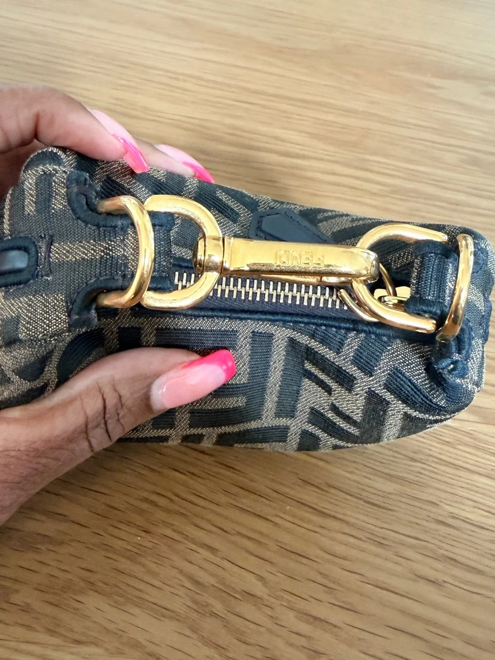 Fendi Black and Brown Monogram Zip Pouch with Gold Hardware